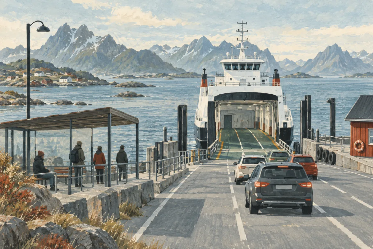 Konseptillustrasjon av bilferge, oppmerket bilkø og eget område for gående
