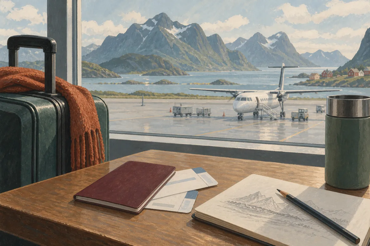 Tegnet reisebagasje og planlegging ved vinduet på en tenkt flyplass