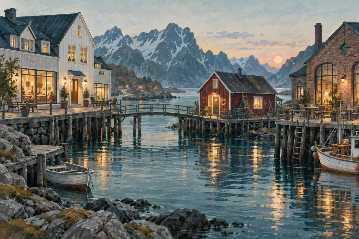 Tegnet sammenligning av hotell, rorbu og ombygd fabrikk ved en tenkt havn