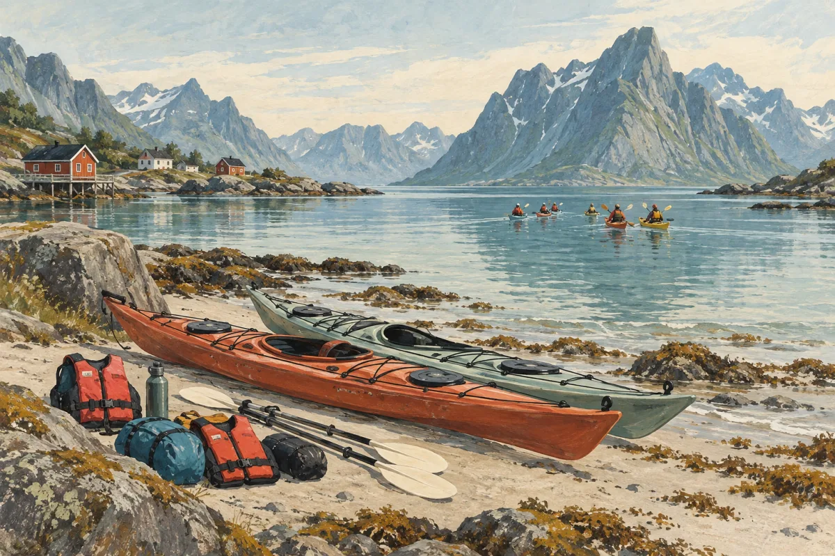 Illustrerte havkajakker og flyteutstyr ved en skjermet, tenkt strand