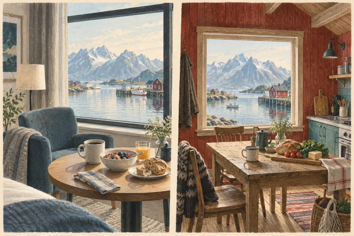 KI-illustrasjon av hotellfrokost og et enkelt kjøkken i en rorbu