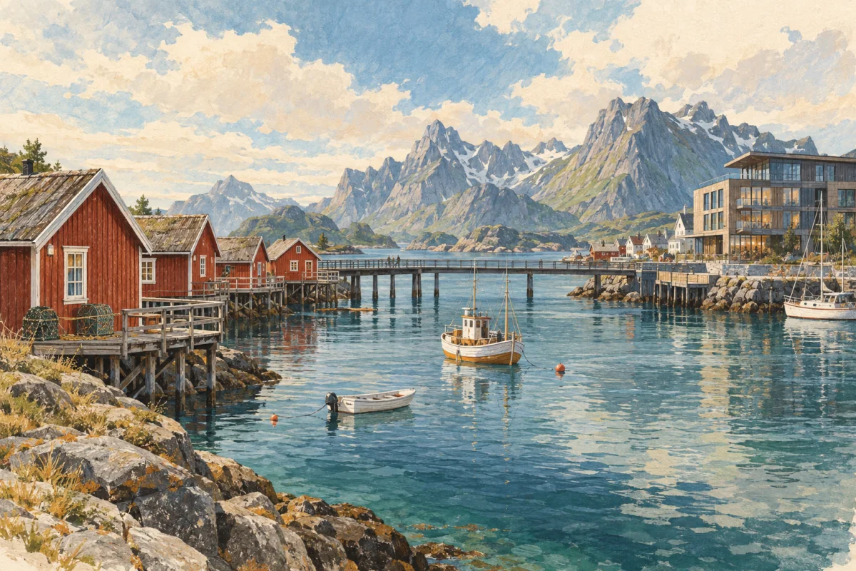 KI-illustrasjon av et tenkt nordnorsk havnemiljø med hotell og rorbuer
