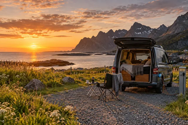 KI-Illustration: Camping und Wohnmobil auf den Lofoten – Regeln und Karten