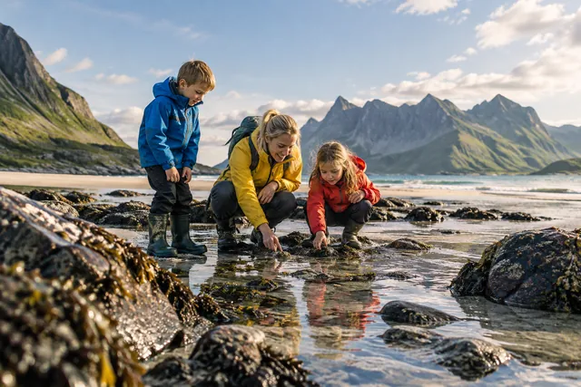 KI-Illustration: Lofoten mit Kindern: Aktivitäten, Unterkünfte und praktische Tipps