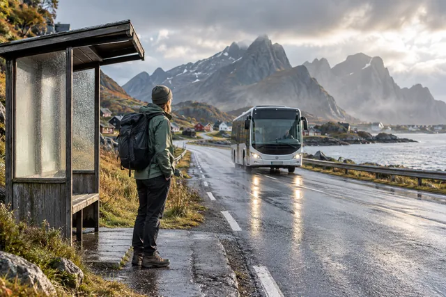 KI-Illustration: Lofoten ohne Auto – öffentliche Verkehrsmittel und Reiseroute