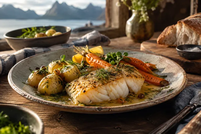 KI-Illustration: Essen auf den Lofoten – Esskultur und regionale Spezialitäten