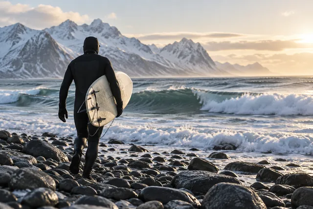 KI-Illustration: Surfen auf den Lofoten - Unstad, Flakstad und Surfkurse